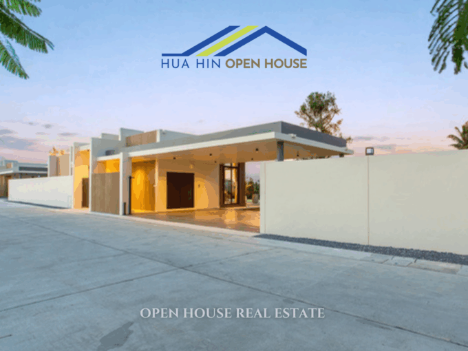 Modern tropical pool villa for sale in Hua Hin Soi 112 with 3 bedrooms, open-plan living, private garden, 3-car parking, and premium finishes, ideal for luxury living.