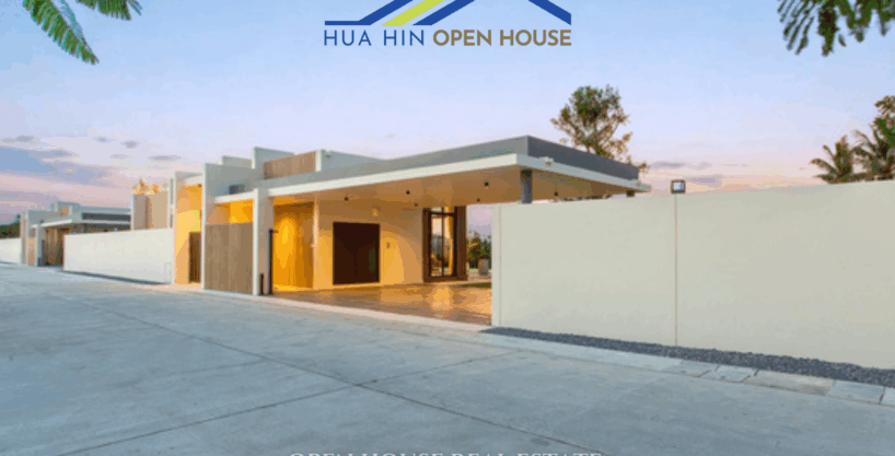 Modern tropical pool villa for sale in Hua Hin Soi 112 with 3 bedrooms, open-plan living, private garden, 3-car parking, and premium finishes, ideal for luxury living.