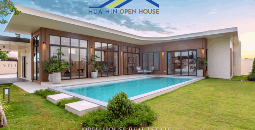 Fully furnished 3-bedroom tropical pool villa for sale in Hua Hin with a private pool, modern design, and high-end interiors.