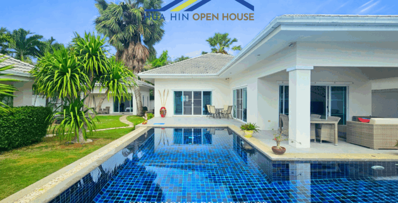 The vill features a generous plot of 700 sqm with a private swimming pool and guest house