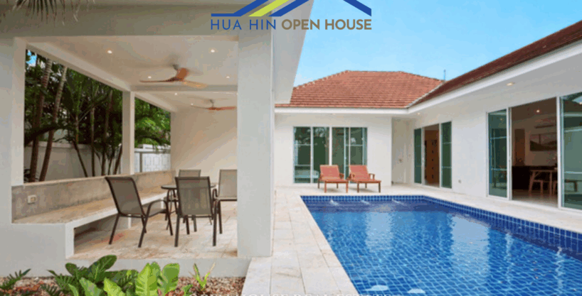 Outdoor pavilion with seating area and view of swimming pool in Hua Hin villa for sale