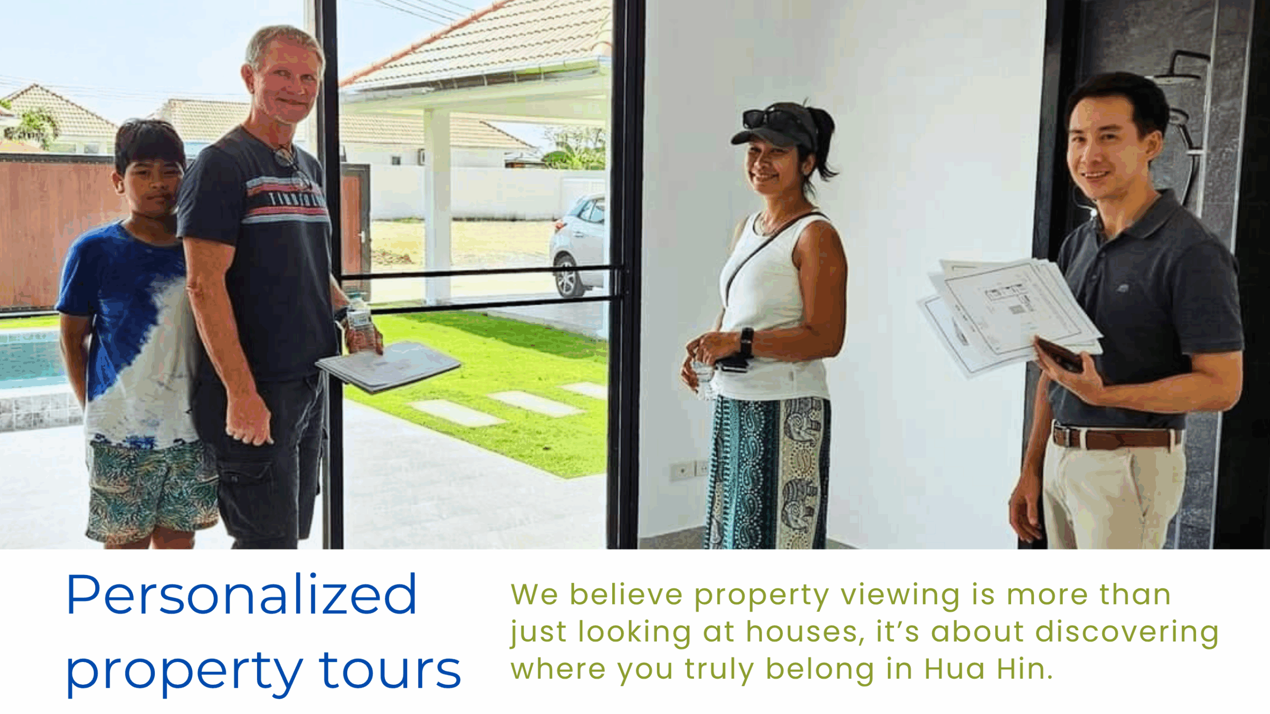 Client touring modern pool villa in Hua Hin with real estate agent